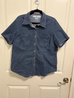 Vintage 2003 Tommy Hilfiger Women's Stretch Denim Short Sleeve Shirt Size 16